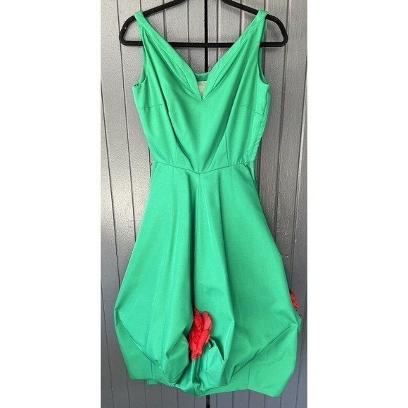 Vtg 50s Bubble Hem Cupcake Cocktail Dress Emerald Red Rose Accents Size 0 2 Prom - Picture 10 of 12